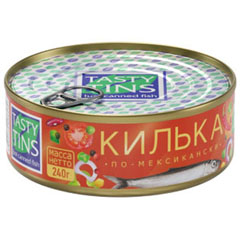 Килька "TASTY TINS" обжаренная с овощами в томатном соусе по-мексикански ж/б (ключ) 240 гр./скидки не действуют/(24)